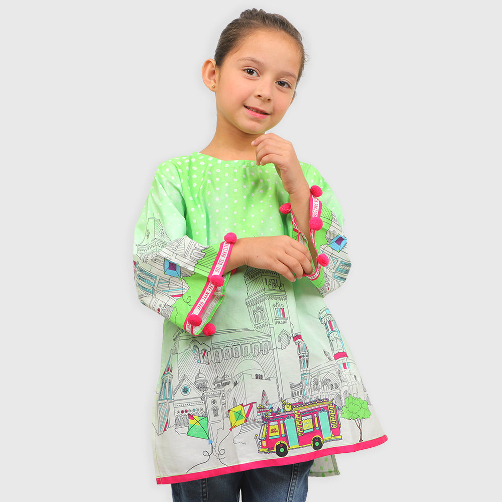 Girls Digital Print Kurti Proud Pakistani - Green