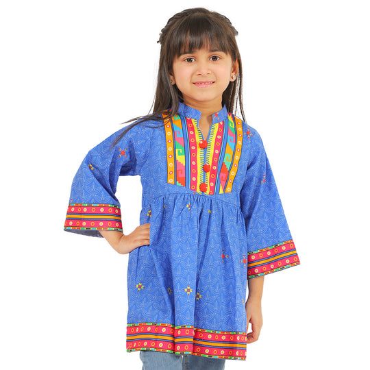 Girls Digital Print Kurti Rang Barang - Blue