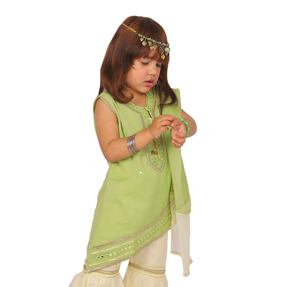Fancy Eastern Mirror 3 PCs Suit For Girls - Green/Off White