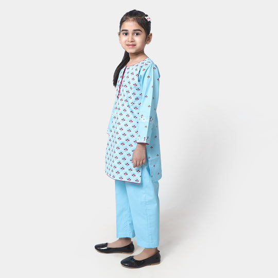 Girls Cotton Flower Printed 2Pcs Suit Grace - Sky Blue