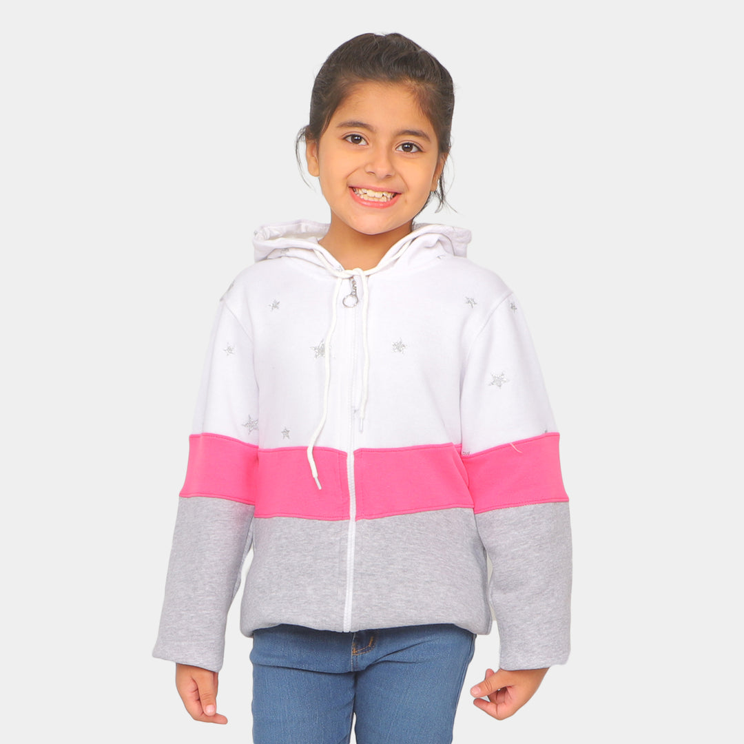 Girls Hooded Knitted Jacket All Over Stars - White/Gray