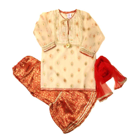 Fancy Gharara Glow 3 PCs Suit For Girls - Red