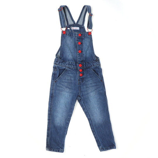 Girls Over All Denim Buttons - Mid Blue
