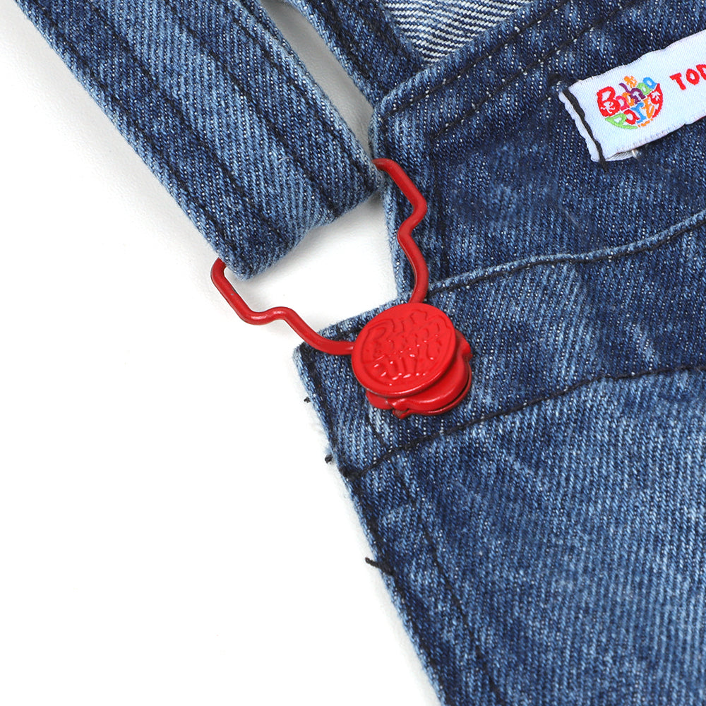 Girls Over All Denim Buttons - Mid Blue
