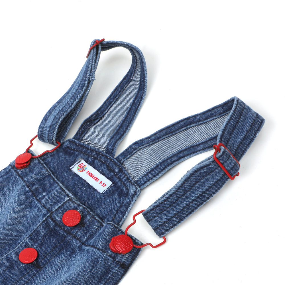 Girls Over All Denim Buttons - Mid Blue