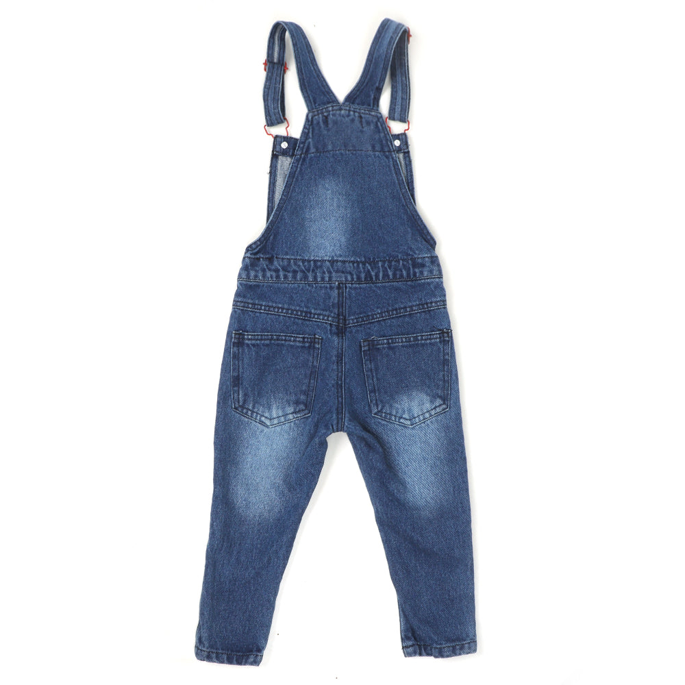 Girls Over All Denim Buttons - Mid Blue