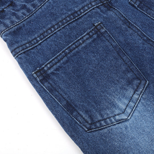 Girls Over All Denim Buttons - Mid Blue