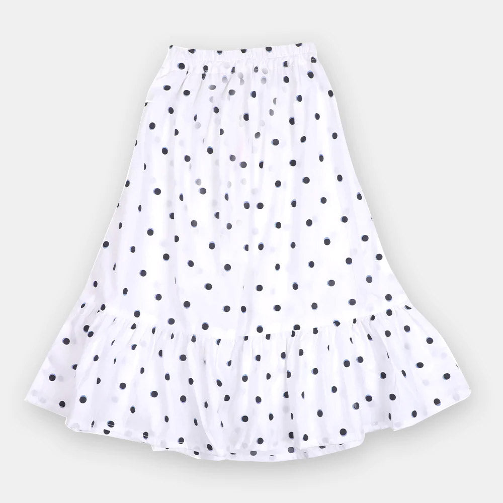 Girls Long Skirt Black Dots - White