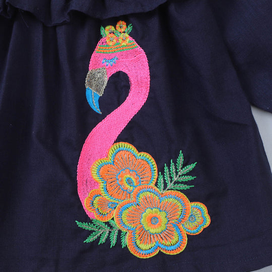 Girls EMB Top Flamingo-Navy