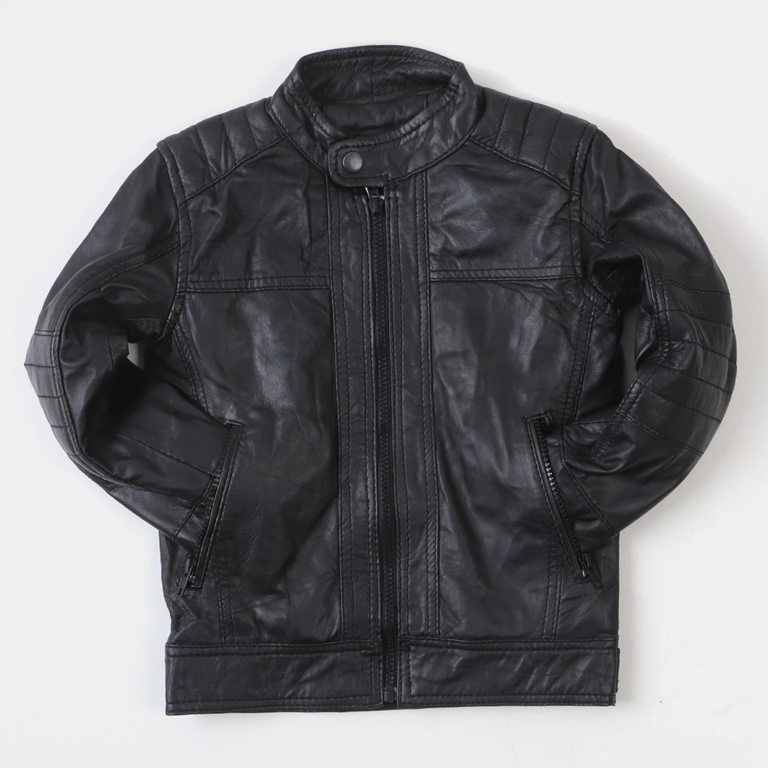 Boys Genuine  Sheep Leather Jacket Biker Sleeves-BLACK