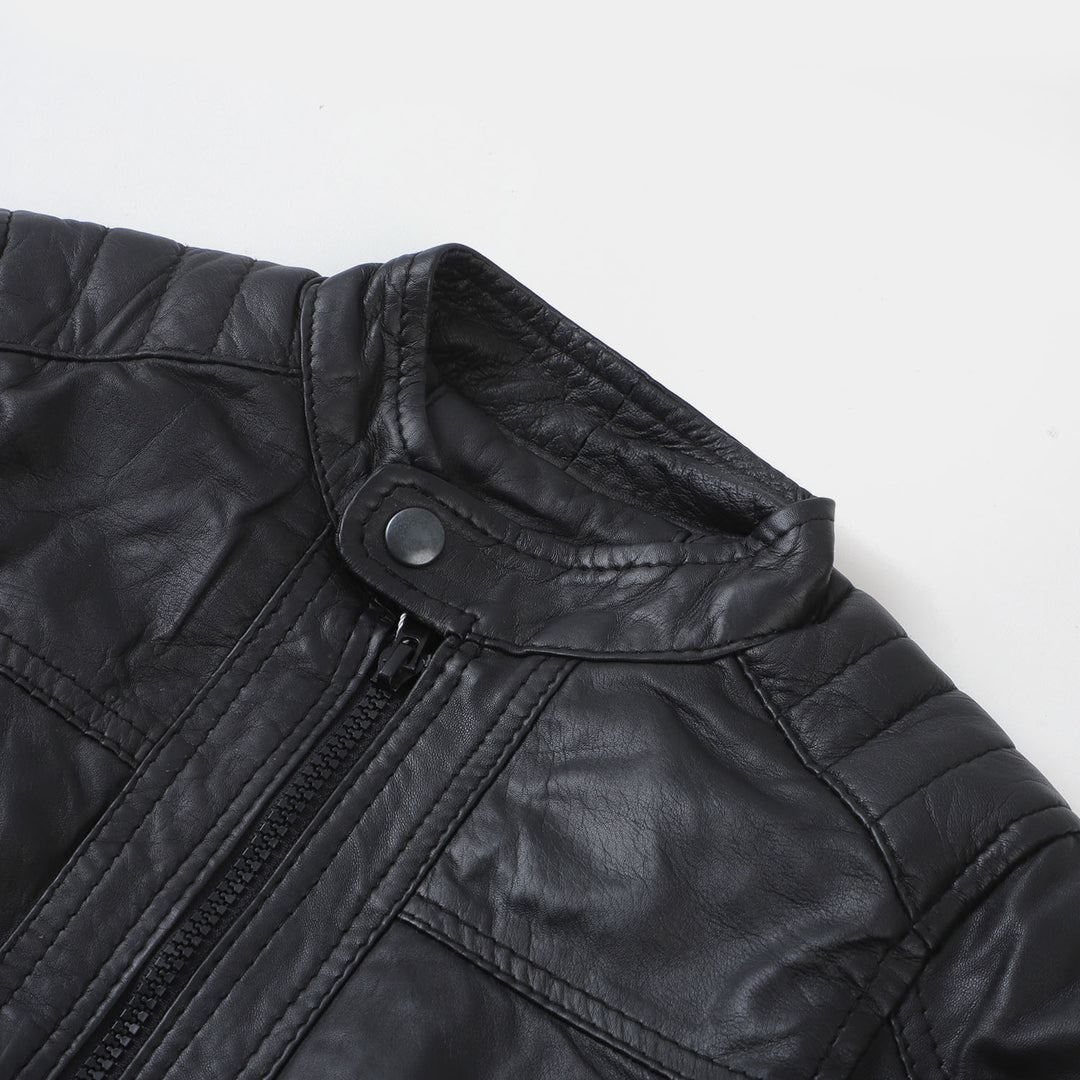 Boys Genuine  Sheep Leather Jacket Biker Sleeves-BLACK