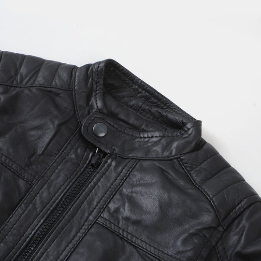 Boys Genuine  Sheep Leather Jacket Biker Sleeves-BLACK