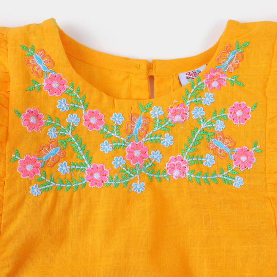 Girls Embroidered Top - Saffron