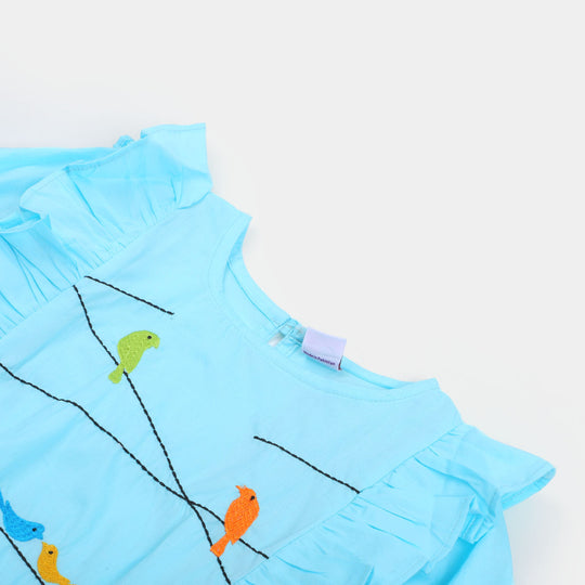 Girls Embroidered Top Birds - Light Blue