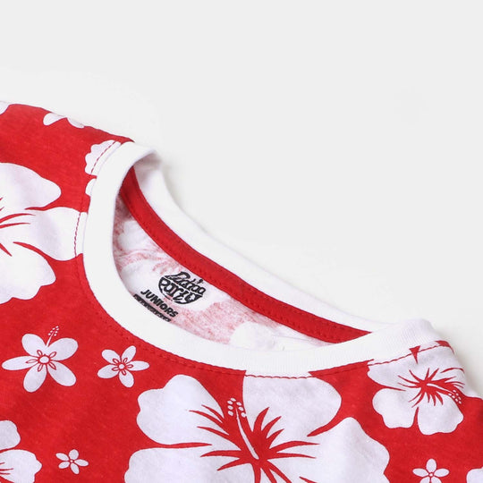 Girls Cotton T-Shirt White Flower - Red