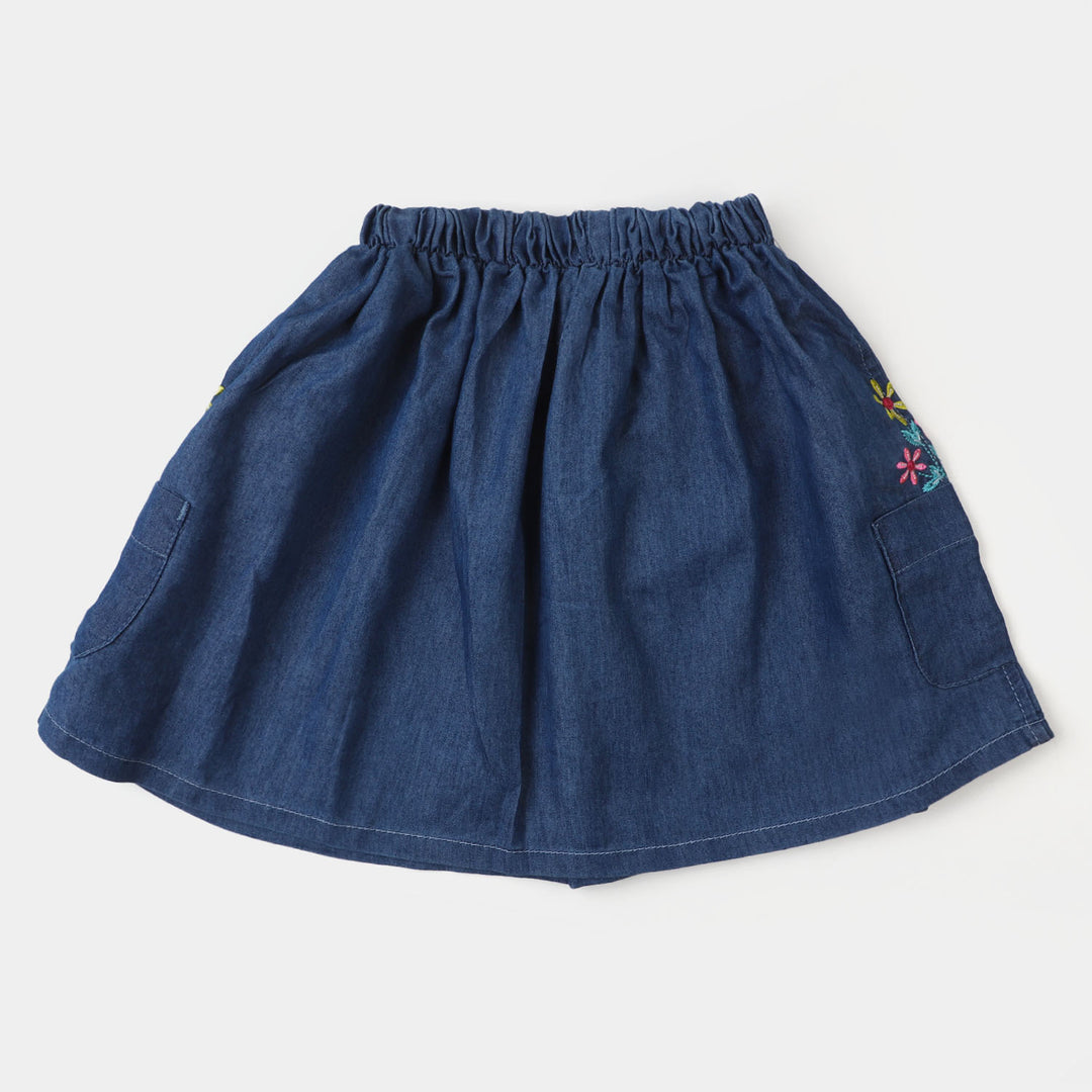 Girls Denim Skirt Pocket EMB Flower - LIGHT BLUE